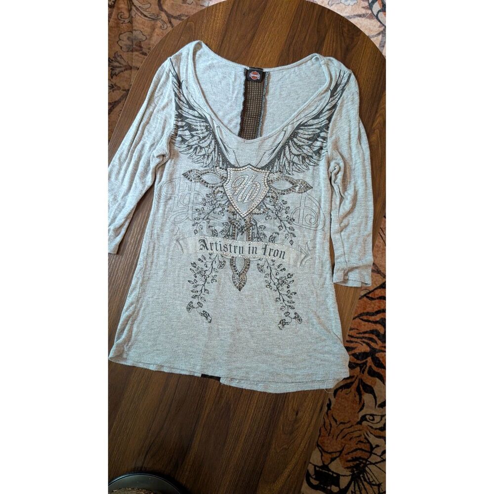 Harley Davidson Women's Gray Rhinestone Wings Mesh Back Biker Top 3/4 Sleeve